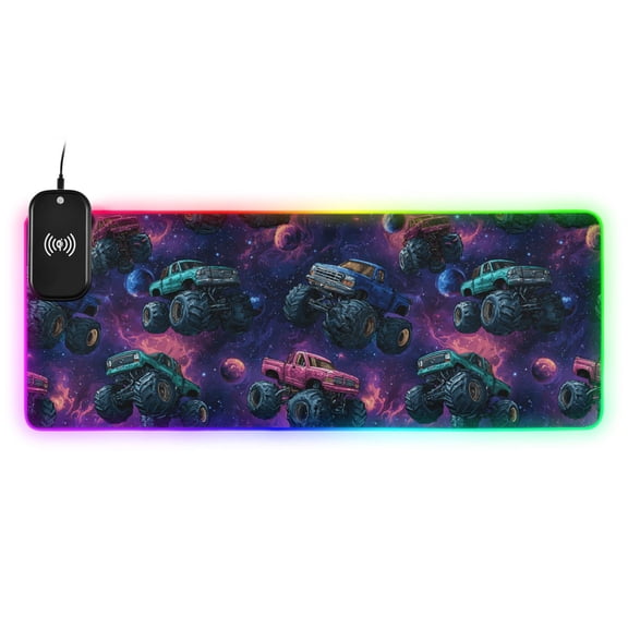RGB Gaming Mouse Pad 15W Wireless Charging Large Waterproof Desk Mat 13 Light Modes Mousepad 35.4x15.7 Monster Trucks in Space