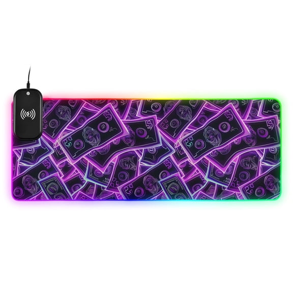 RGB Gaming Mouse Pad 15W Wireless Charging Large Waterproof Desk Mat 13 Light Modes Mousepad 35.4x15.7 Neon Dollar Bills