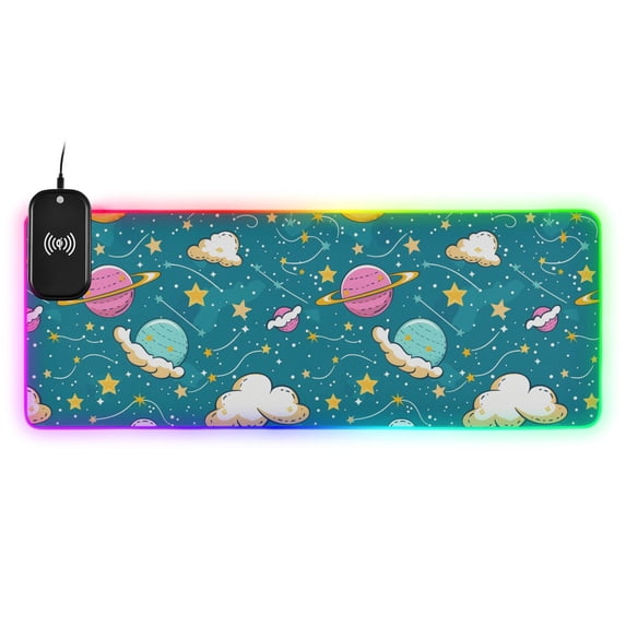 RGB Gaming Mouse Pad 15W Wireless Charging Large Waterproof Desk Mat 13 Light Modes Mousepad 35.4x15.7 Planet Star Cloud