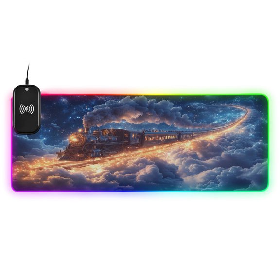 RGB Gaming Mouse Pad 15W Wireless Charging Large Waterproof Desk Mat 13 Light Modes Mousepad 35.4x15.7 Trains Flying Through the Clouds