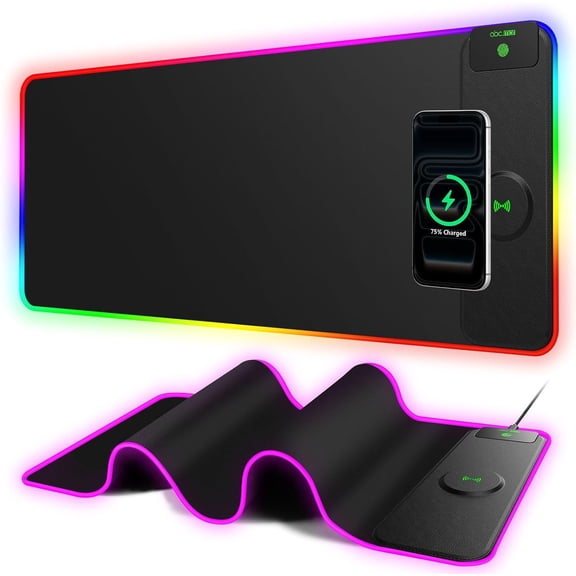 RGB Gaming Mouse Pad with 15W Magnetic Wireless Charger 31.5 x 11.8 Inches Large LED Desk Mat 24 Lighting Effects Non-Slip Waterproof Surface