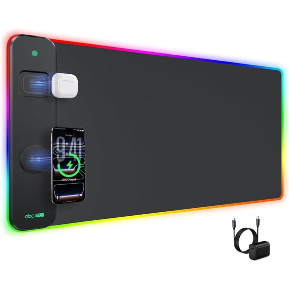 RGB Gaming Mouse Pad with Wireless Charging, 31.5"x15.8", 24 Light Effects, Non-Slip Waterproof Surface, Includes Adapter