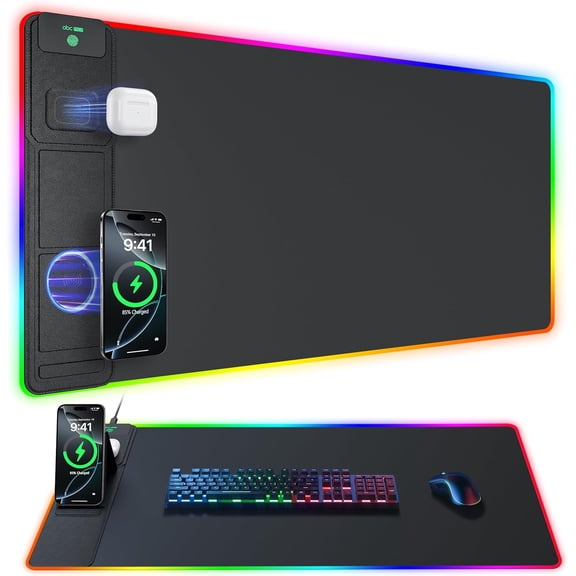 RGB Gaming Mouse Pad with Wireless Charging and Phone Stand 31.5"x15.8" Large Non-Slip Waterproof Ultra-Smooth Surface 24 Light Effects