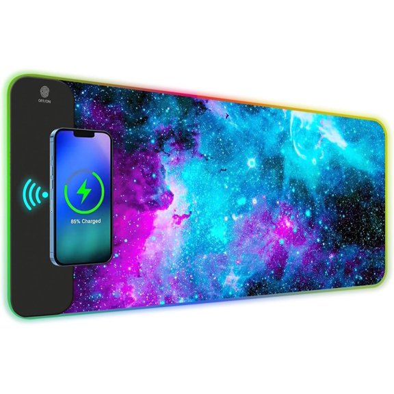 RGB Gaming Pad 15W, Extended LED Desk Mat Protector 800x300x4MM, 14 Light Modes Mousepad Non-Slip Rubber Base Desk Mat, Galaxy Nebula Universe