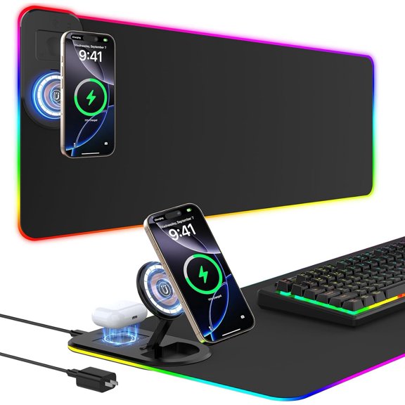 RGB Gaming Pad Desk Mat with Foldable Phone Stand, Large LED Gaming Mat 800x350x4mm, 15 Light Modes, , Keyboard Pad for PC , Includes 20W PD Power Adapter