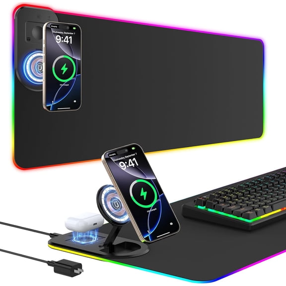 RGB Gaming Wireless Charging Desk Mat with Foldable Phone Stand, Large LED Gaming Mat 800x350x4mm, 15 Light Modes, Waterproof, Keyboard Pad for PC Computer, Includes 20W PD Power Adapter