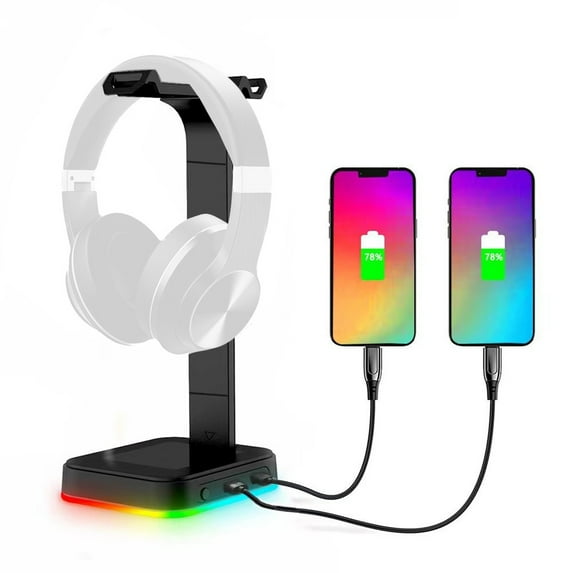 RGB Headphone Stand with 2 USB-C Charging Port and 1 USB Charging Port, Desk Gaming Headset Holder with 7 Light Modes and Non-Slip Rubber Base Suitable for All Earphone Accessories