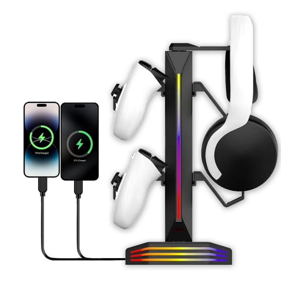 RGB Headphone Stand 9 Light Modes, Game Controller Holder for Desk Headset Stand 2 USB Charging and 1 Type-C Gamepad Earphone Accessories