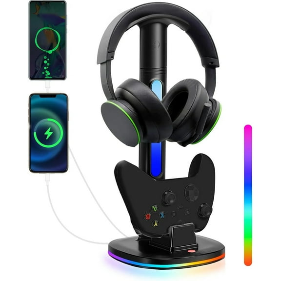 Game Controller Charger for Xbox Series X & S/PS5, Charging Station Dock with RGB Headphone Stand 2 USB Ports-for Xbox
