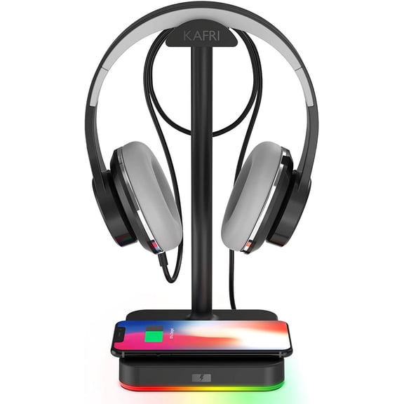 RGB Headphone Stand with Wireless Charger Desk Gaming Headset Holder Hanger Rack with 10W/7.5W Fast Charge QI Wireless Charging Pad - Suitable for Gamer Desktop Table Game Earphone Accessories