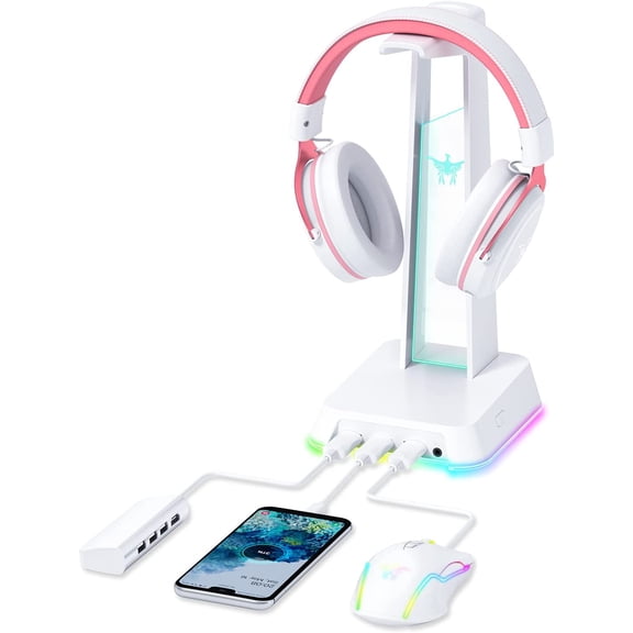 RGB Headphone Stand with 3.5mm AUX and 3 Port USB 2.0 Hub, Universal Gaming Headset Hanger Holder for Computer Gaming Gamer Accessories (White)