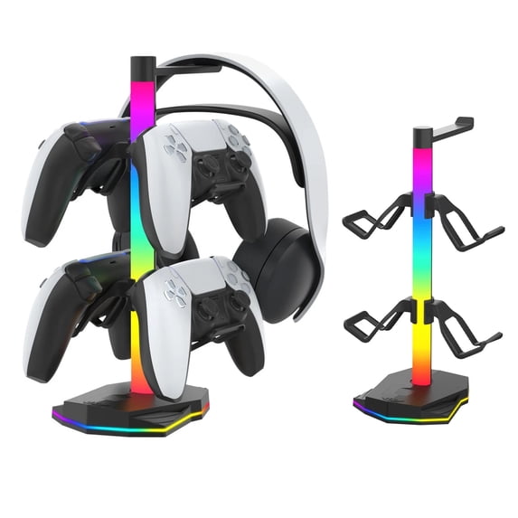 RGB Headset Stand with 7 Light Modes, Controller Holder for Desk, with USB & Type C Charging Ports, Rotatable Gaming Headphone Stand & Detachable Controller Hook for PC Earphone Accessories, Black