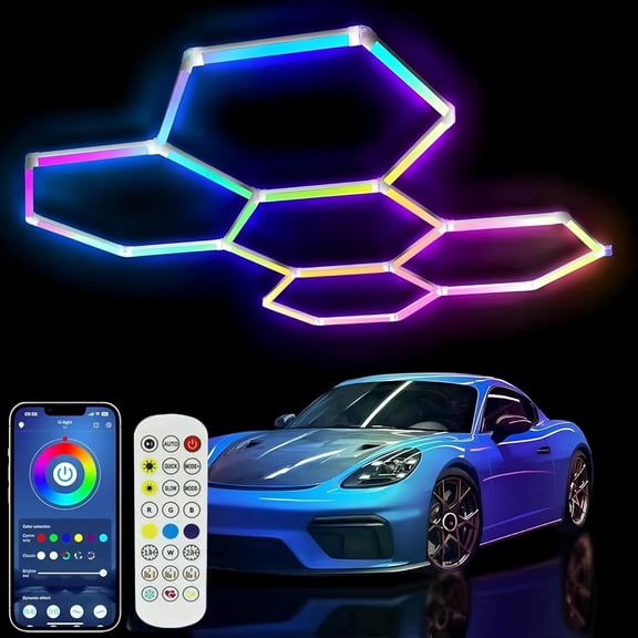 RGB Hexagon Garage Lights, LED Hexagon Lights for Gaming Room, Smart App & Remote Control, DIY Honeycomb Ceiling Light for Studio Gym Basement Decor