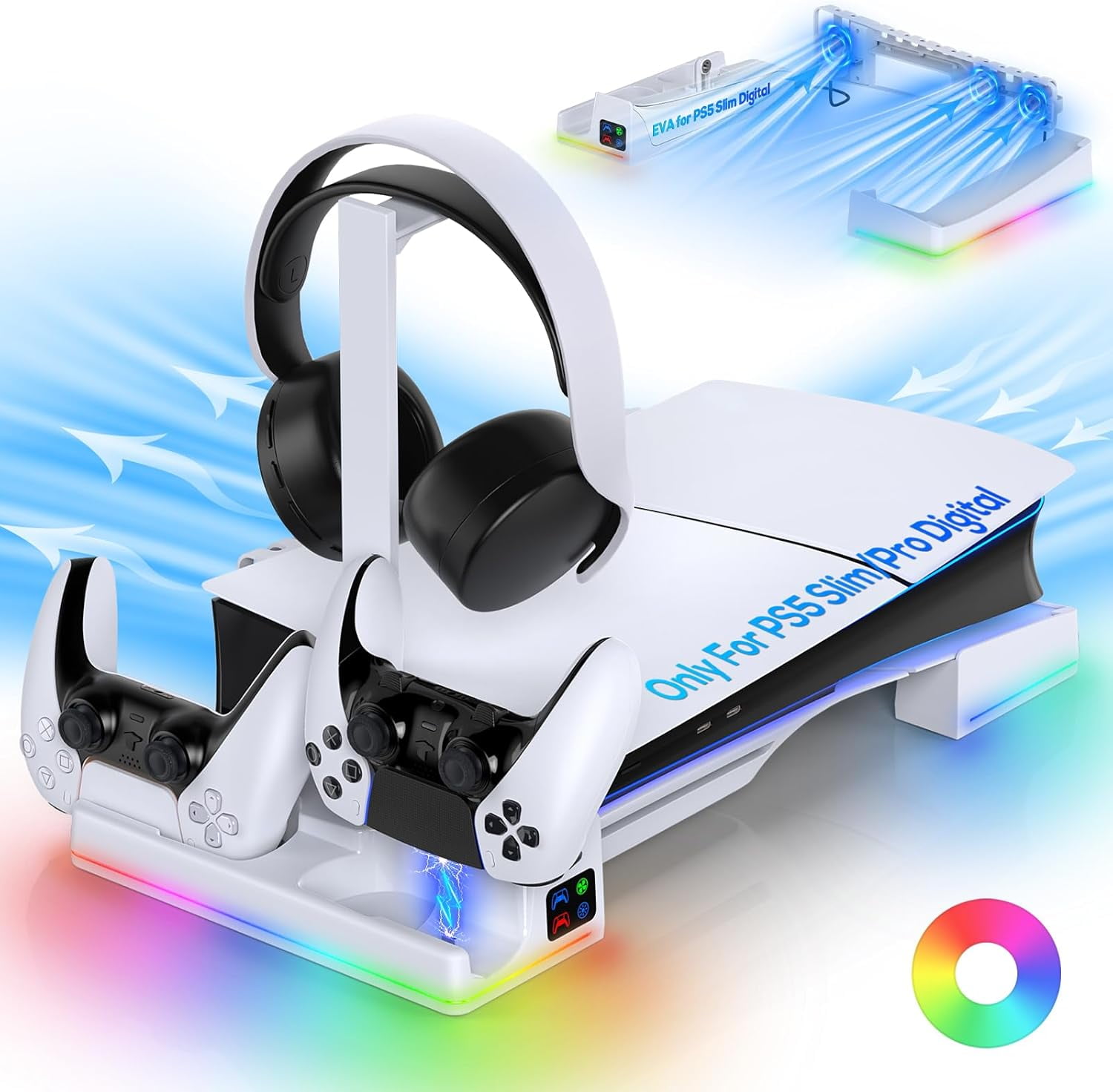 RGB Horizontal Charging Stand & Auto Cooling Fan Station for PS5 Slim Digital & Disc/PS5 PRO Digital, Dual Charger for PlayStation 5/Elite Controllers, Accessories &14 RGB Light Modes & Headset Holder