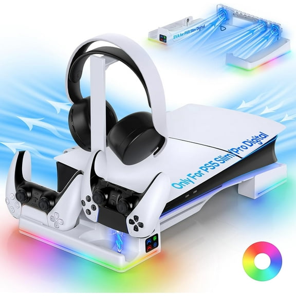 RGB Horizontal Charging Stand & Auto Cooling Fan Station for PS5 Slim Digital & Disc/PS5 PRO Digital, Dual Charger for PlayStation 5/Elite Controllers, Accessories &14 RGB Light Modes & Headset Holder