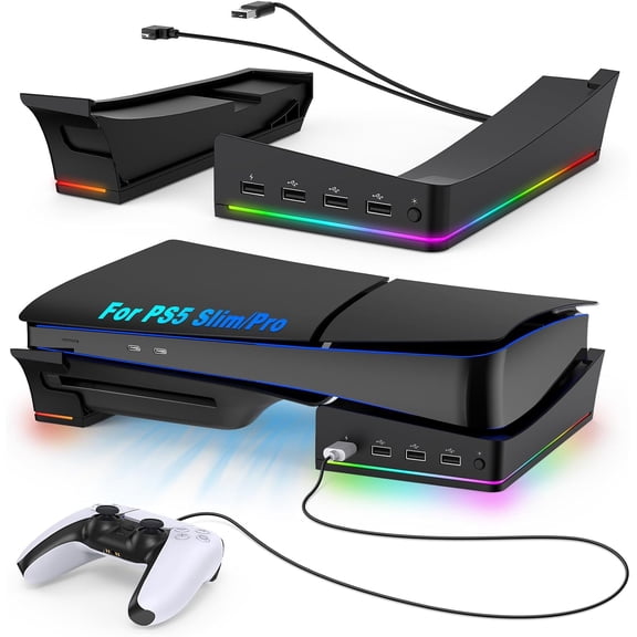 RGB Horizontal Stand for PS5 Pro / Slim Console Accessories with 14 Light Mode and 4 USB Hubs, Side Stand for Playstation 5 Pro / Slim Disc & Digital, Base Holder with Fast Charging, Black