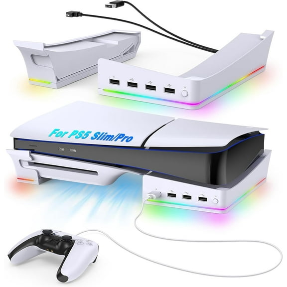 RGB Horizontal Stand for PS5 Pro / Slim Console Accessories with 14 Light Mode and 4 USB Hubs, Side Stand for Playstation 5 Pro / Slim Disc & Digital, Base Holder with Fast Charging, White