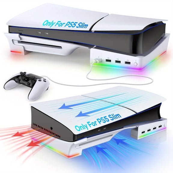 RGB Horizontal Stand For PS5 Slim Console With 4 USB Hubs, Base Holder Accessories With 14 Lighting Modes & Fast Charging Port For PS5 Controller, Stand For Playstation 5 Slim Disc & Digital