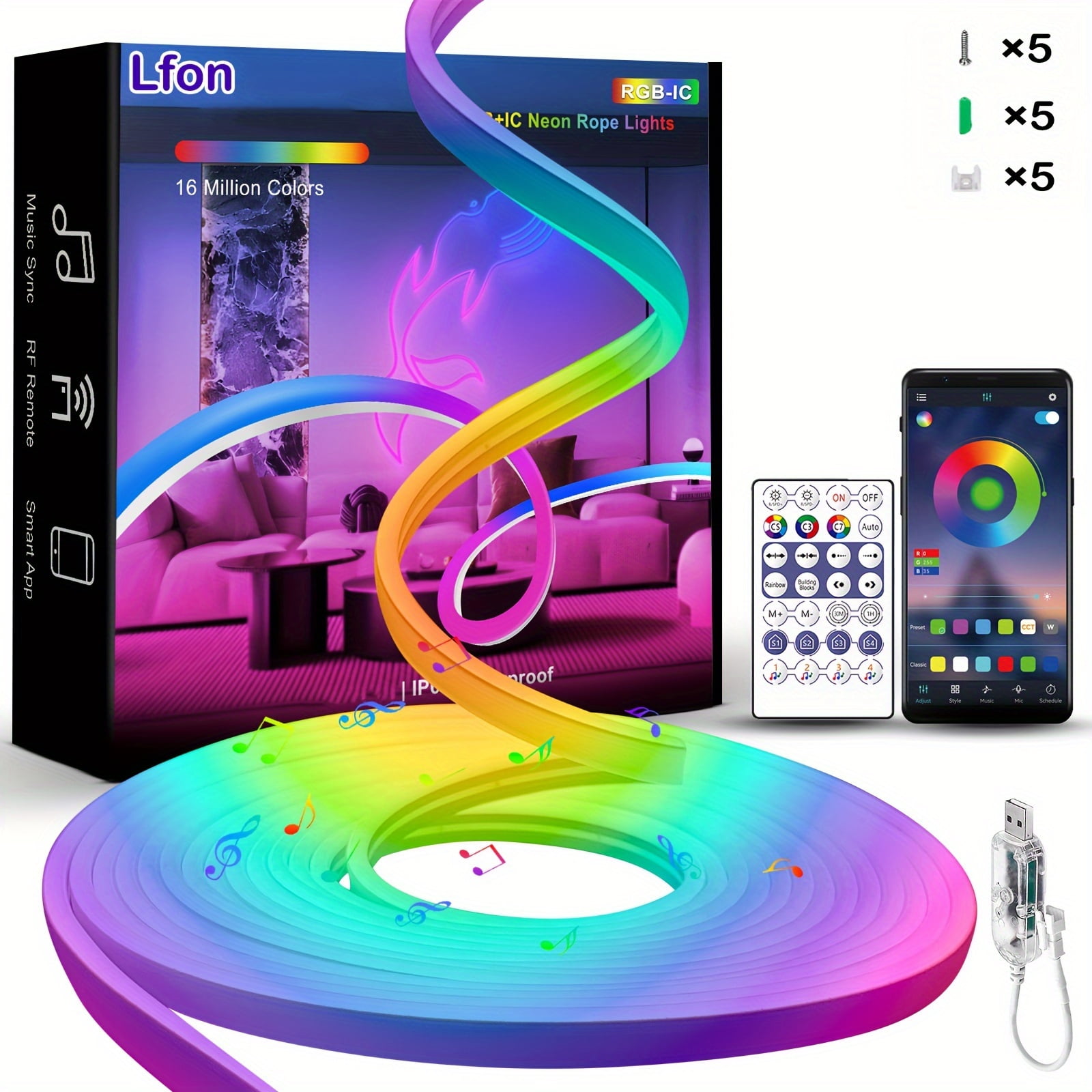 RGB+IC Color Chasing LED Neon Rope Light with Remote & App Control ...