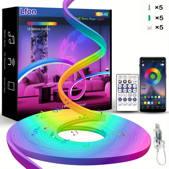 RGB+IC Color Chasing LED Neon Rope Light with Remote & App Control, Music Sync DIY Design Neon LED Strip Lights for Bedroom Gaming Room, Halloween, Christmas, Indoor and Outdoor Decor (USB Powered)