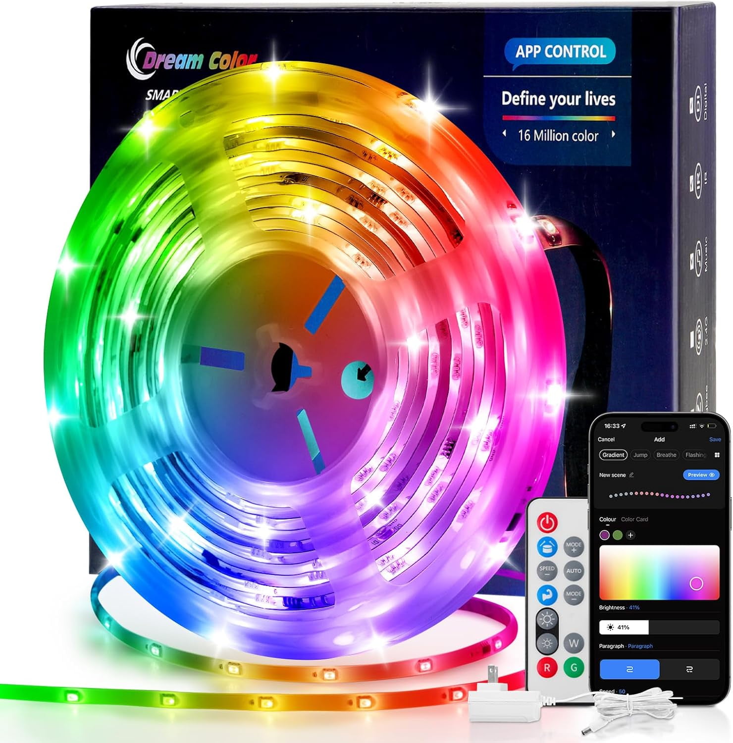 RGB+IC LED Strip Light, 6.6ft Smart LED Light for Bedroom, Bluetooth ...