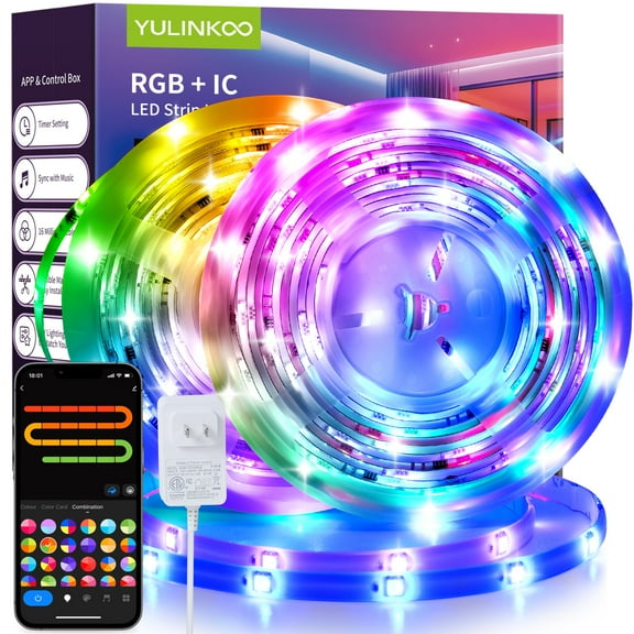 RGB IC LED Strip Light, 105ft Smart LED Light for Bedroom, Bluetooth APP Control, Color Changing LED Strip Lighting, 44 Scene Modes, Music Sync, TV Backlight Behind Strip, Home Decor, Gaming Room
