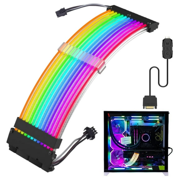 RGB Illuminated Power Extension Cables, Computer Chassis Modular Cables 24 Pin Neon, ARGB LED Cable for PC Gaming