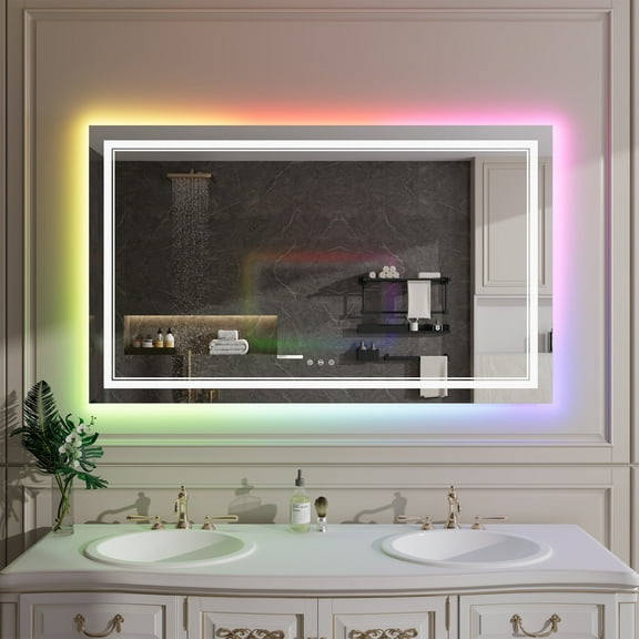 RGB LED Bathroom Mirror, Smart Home Anti Fog LED Mirror, Dimmable Front Backlit Bathroom Mirror with Shatter Proof, IP54 Waterproof