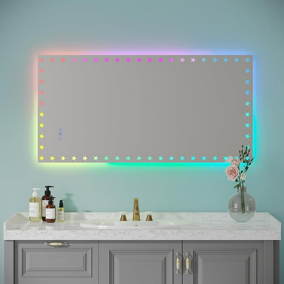 RGB LED Bathroom Mirror with Lights, Colorful Changing Lighted Mirror, Dimmable Anti-Fog LED Vanity Mirror for Bathroom (RGB Backlit + Front-Lit)