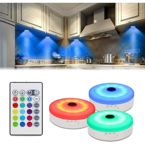 RGB LED Cabinet Lights with Remote Control, Touch Lamp Cabinet Light 16 Colours, LED Night Light, Button Light for Bedroom, Kitchen, Cupboard, 2 Pieces