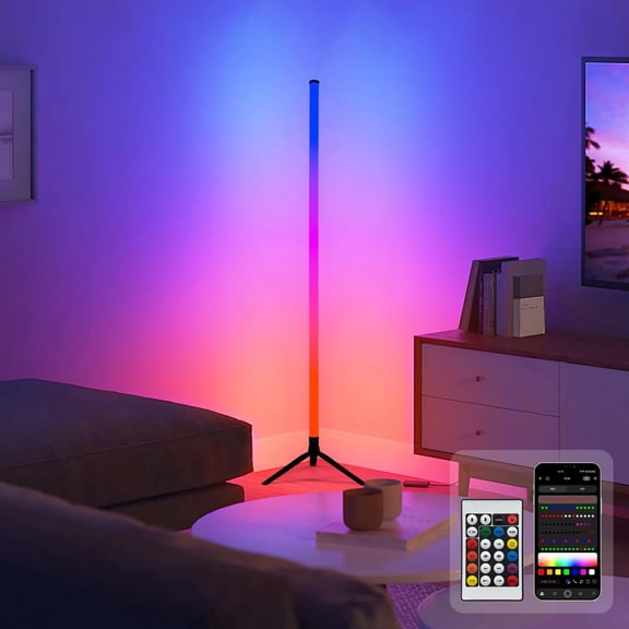 RGB LED Corner Floor LampDIY Floor Lamp with Music Sync and 16 Million Colors, 15 Dynamic Modes, App & Remote Control,Standingl Corner Changing Ambience Light, for Living Bedroom Room Gaming Room