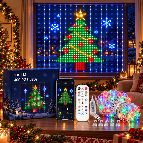 RGB LED Curtain Lights for Christmas, USB-Powered Window Wall Backdrop with Remote, Color-Changing Dynamic Display for Bedroom, Party, Holiday Indoor and Covered Outdoor Decor
