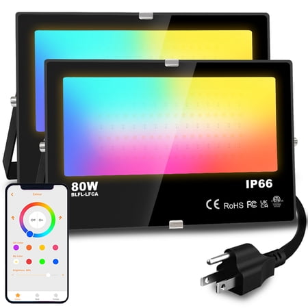 RGB LED Flood Light Outdoor 800W Equivalent Color Changing Smart Floodlights Colored Water Proof Garden Lawn Landscape Lighting Halloween Light Christmas Light AC110V 2 Pack