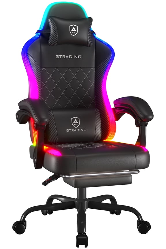RGB Ergonomic Gaming Chair with Massage, LED Lights, Footrest, Lumbar Support, Black
