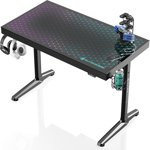 RGB LED Gaming Desk Music Sync Lights Up Tempered Glass Desktop 43" GTG I43 Office Computer Table W Controller 4 USB Charging Ports APP Control