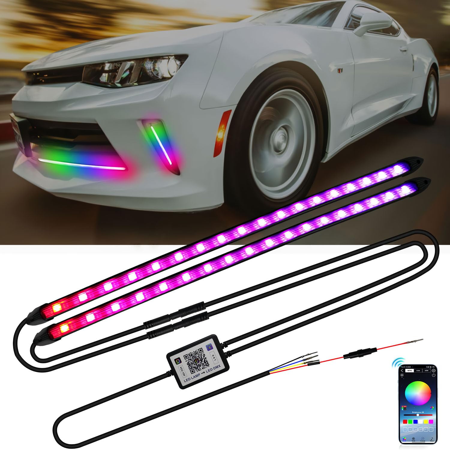 RGB LED Headlight Strips STF9 24 inch Multi Color Control,Sequential