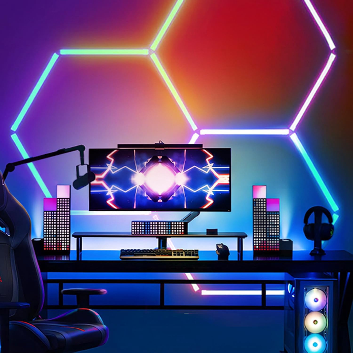 RGB LED Hexagon Lights, LED Ceiling Light Hexagon 170W 19550LM, 3 Grids DIY Hexagon Led Lights, 6500K Ultra Bright, Easy Install, Durable Design for Garage, Party, Gym, Bar$$Tools & Hardware Other