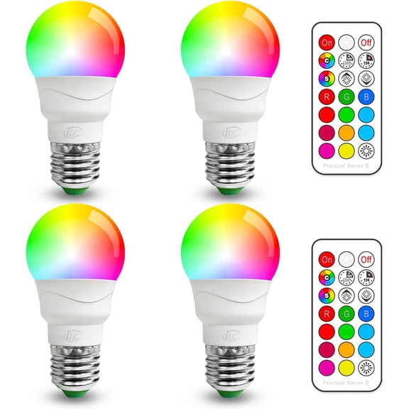RGB LED Light Bulb, A15 Color Changing 40W Equivalent, 5700K Daylight White, 450LM 5W E26 Screw Base RGBW, Mood Light Bulb - 12 Color Choices - Timing Infrared Remote Control Included (4 Pack)