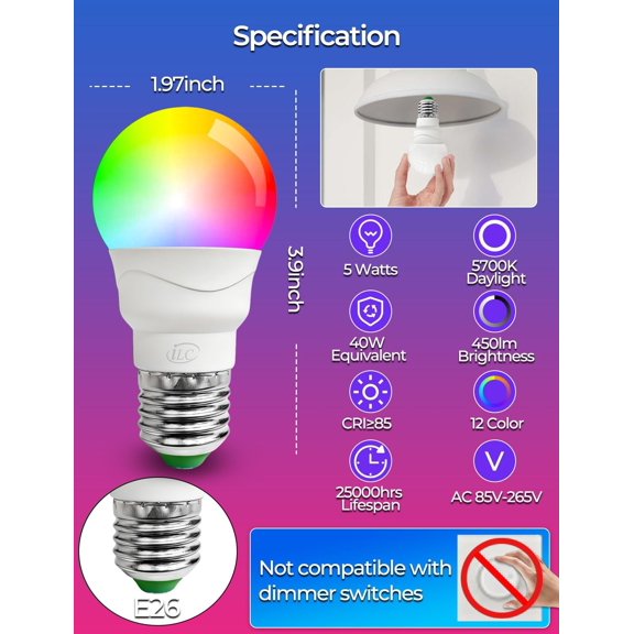 RGB LED Light Bulb, Color Changing 40W Equivalent, Daylight White, 450LM Dimmable 5W E26 Screw Base RGBW, Mood Light Bulb - 12 Color Choices - Timing Infrared Remote Control Included (4 Pack)