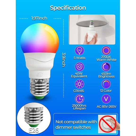 RGB LED Light Bulb, Color Changing Light Bulb, 40W Equivalent, 450LM, 2700K Warm White 5W E26 Screw Base RGBW, A15 Colored Light Bulbs - 12 Color Choices - Timing Infrared Remote Control (4 Pack)