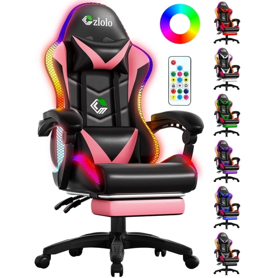 Czlolo Gaming Chair, Racing Style RGB LED Lights Gaming Chairs for Adults and Kids, Lumbar Massager Gamer Chair, High Back Reclining Computer Chair with Footrest and Headrest (Black/Pink)