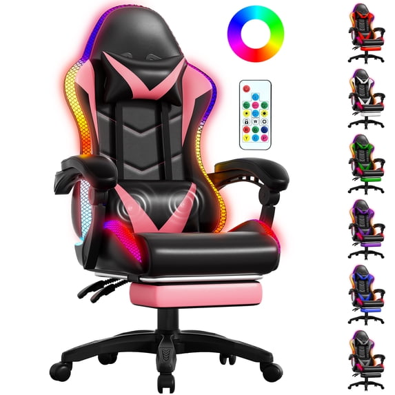 Czlolo RGB LED Massage Gaming Chair, Ergonomic High Back Reclining Computer Chair with Footrest & Lumbar Massager, Pink for Adults