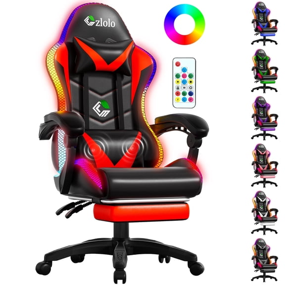 Czlolo Gaming Chair, Racing Style RGB LED Lights Gaming Chairs for Adults and Kids, Lumbar Massager Gamer Chair, High Back Reclining Computer Chair with Footrest and Headrest (Black/Red)