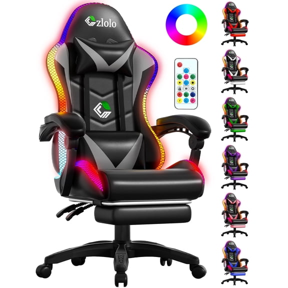 Czlolo Gaming Chair, Racing Style RGB LED Lights Gaming Chairs for Adults and Kids, Lumbar Massager Gamer Chair, High Back Reclining Computer Chair with Footrest and Headrest (Black/Gray)