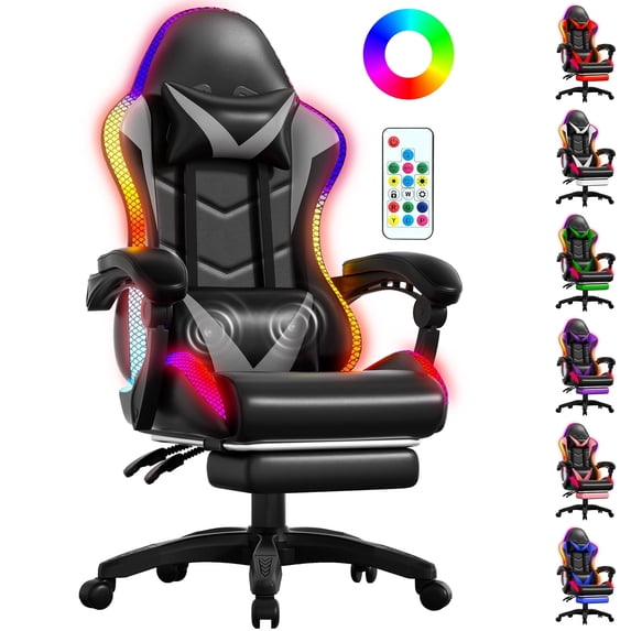 Czlolo Gaming Chair, Racing Style RGB LED Lights Gaming Chairs for Adults and Kids, Lumbar Massager Gamer Chair, High Back Reclining Computer Chair with Footrest and Headrest , Gray