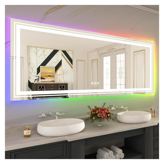 RGB LED Mirror for Bathroom, 96"x36" Stepless Dimmable Large LED Mirror with Backlit and Front Light, Anti-Fog Vanity Mirror for Wall, Shatterproof Design with Memory Function