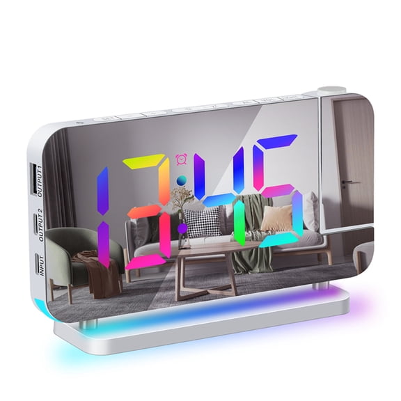 RGB LED Mirror Surface Projection Alarm Clock 7 Inch Colorful Ceiling Clock with 180 Degrees Rotatable Projector Dual USB Type C Ports 6 Level Dimmer Snooze Mode for Bedside Desktop Home Decor