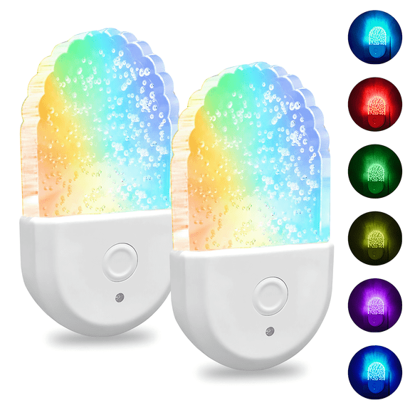 2 Pack Night Lights Plug Into Wall, RGB Color Changing Night Light with Dusk to Dawn Sensor, 6-Color LED Ambient Lighting for Bathroom, Hallway, Bedroom, Home Decor