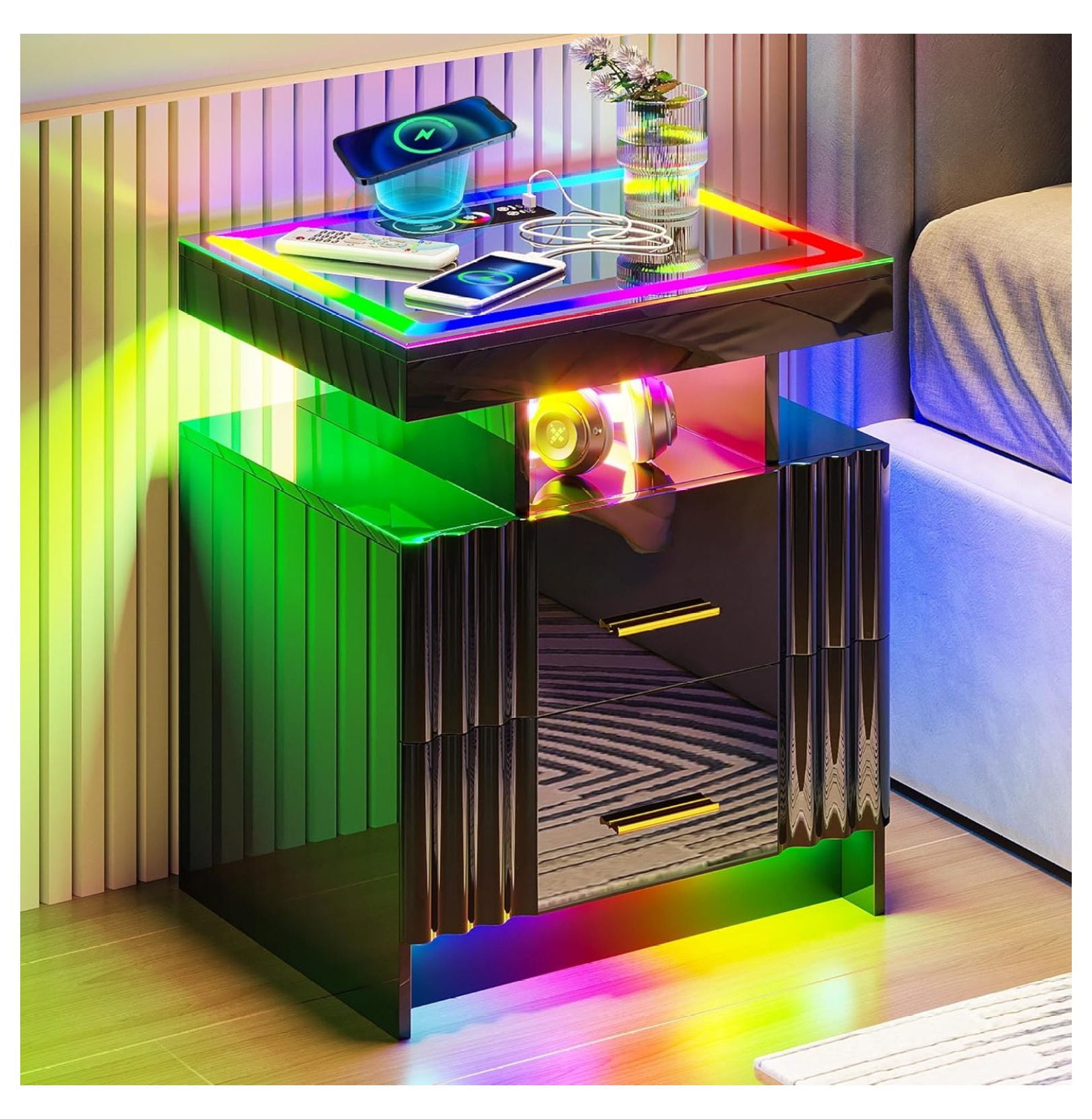 RGB LED Nightstand with Wireless Charging Station, Black Night Stand