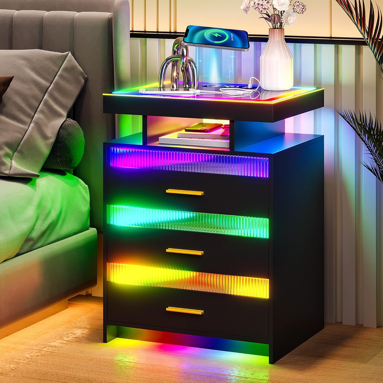 RGB LED Nightstand with Wireless Charging Station Modern Bedside Table